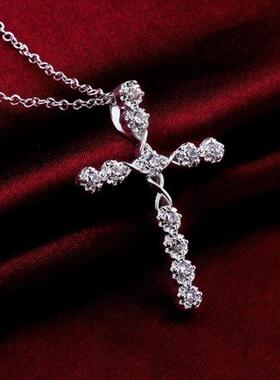 Fashion Crystal Cross Pendant Necklace Exquisite Zircon Silv