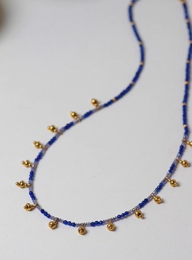 钛钢蓝宝玉紫水晶锁骨链女手工