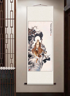 罗汉图挂画卷轴字画丝绸壁画伏虎罗汉图书房客厅装饰字画定制包邮