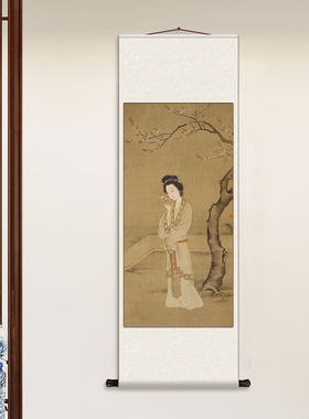 新中式茶楼挂画卷轴字画丝绸壁画装饰画明张纪人面桃花图高清工笔
