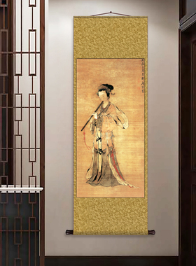 唐寅仕女复古人物画像茶楼挂画卷轴字画丝绸壁画丝绸挂画仿古画