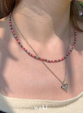 waki 夏夜银河  Summer Galaxy 灰粉色系爱心吊坠双层串珠项链