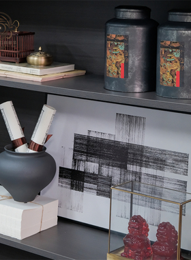 样板间新中式展示柜工艺品摆件书柜书房装饰品办公室茶室布置套装