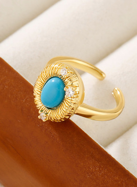 法国coopkoop新款色复古拉丝蓝石戒指中古风vintage显白碎冰冰