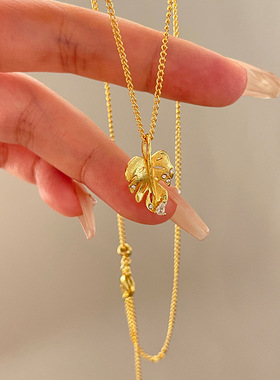 法国coopkoop年新款金色拉丝树叶吊坠项链秋冬精致高级感点钻