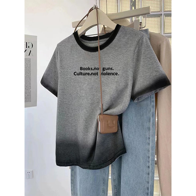 Chic tie-dye round neck short-sleeved t-shirt for women 2025 summer Korean style loose casual gray printed petite top