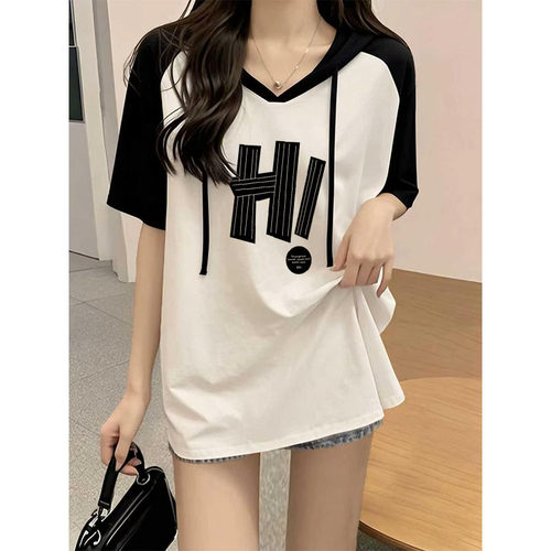 黑插白短袖t恤女夏薄款设计感百搭欧货大码胖mm遮肉宽松连帽上衣 - 图3