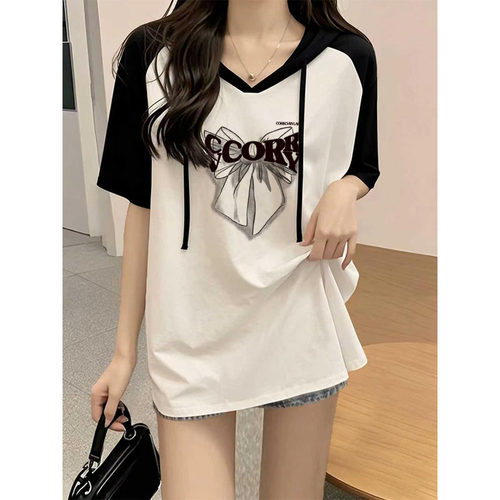 黑插白短袖t恤女夏薄款设计感百搭欧货大码胖mm遮肉宽松连帽上衣 - 图1