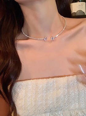 奥特莱斯撤柜超闪锆石爱心锁骨链女轻奢小众设计感满钻choker开口