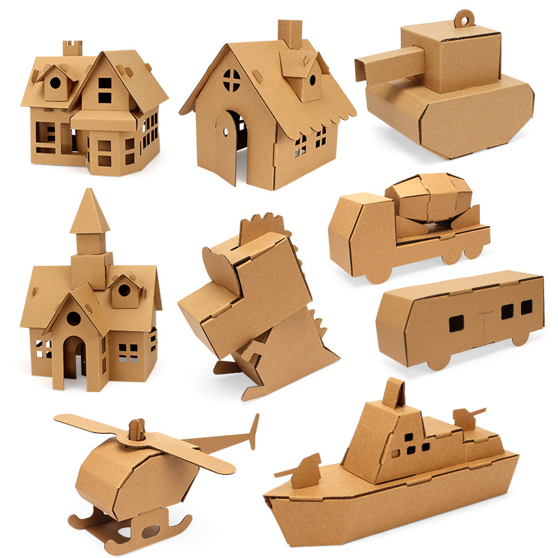 幼儿园儿童手工DIY制作材料包涂鸦纸盒创意拼装小屋房子学生纸板 - 图3
