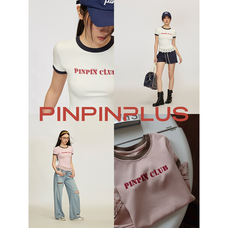 PINPINPLUS「老友记」运动减龄印花字母蕾丝修身少女感T恤短袖-图1