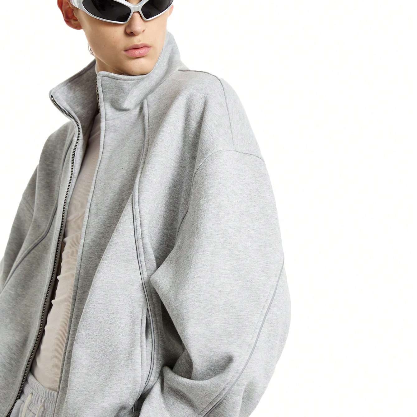 SHEIN正品男士灰色插肩高领开襟拉链防风长袖外套,淘宝优惠券,粉丝福利购,淘宝优惠卷