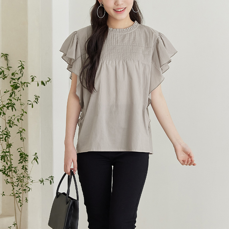 coca森系荷叶短袖衬衫女法式纯棉上衣