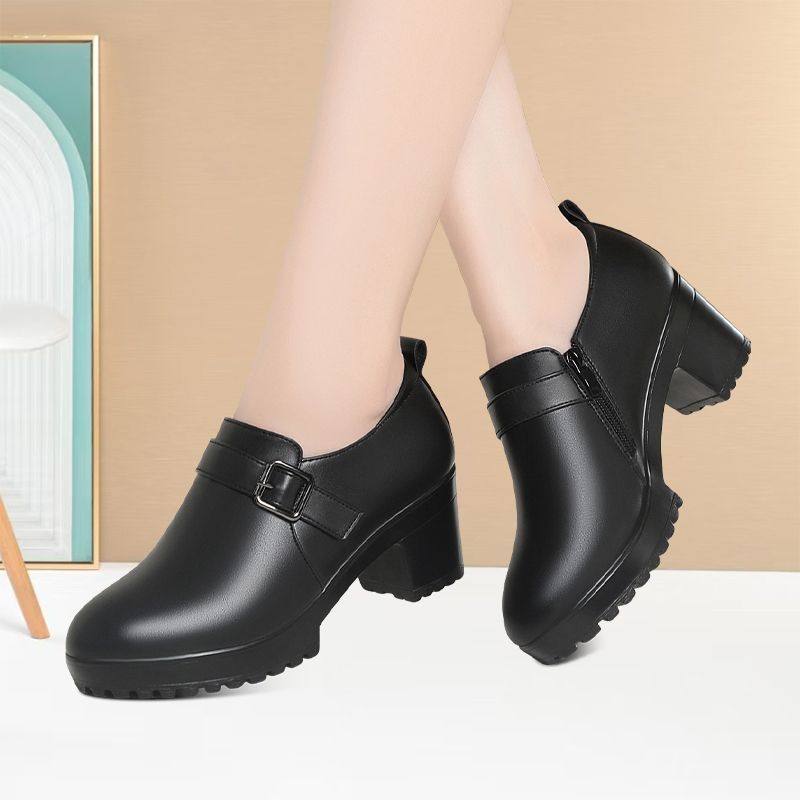 百搭粗跟舒适中年深口单鞋耐磨轻便增高走秀鞋拉链时尚旗袍高跟鞋,淘宝优惠券,粉丝福利购,淘宝优惠卷