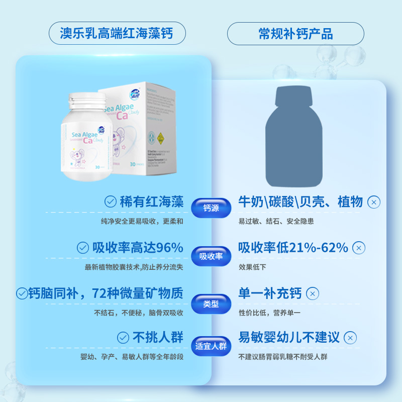 澳乐乳天然海藻钙婴幼儿进口乳钙儿童宝宝婴儿钙液体钙植物钙30粒