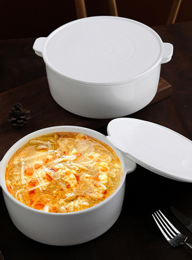 家用双耳带盖汤锅陶瓷汤窝创意炖盅纯白大号容量汤碗汤盆酒店餐具