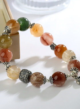 跨境批发天然水晶彩发晶银锁手链S925银新中式复古原创手串国风