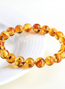 跨境久雅水晶 天然黄色花珀手串 净水时尚花琥珀圆珠手链