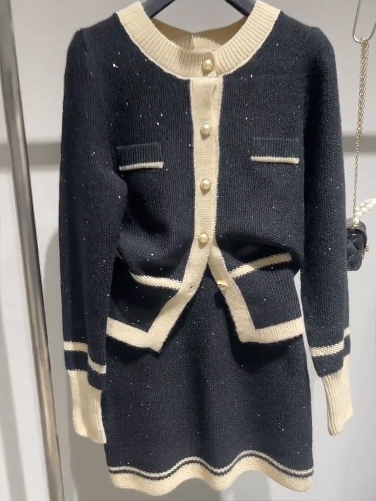 小香风套装女2025新款秋季小个子名媛千金撞色针织开衫两件套装裙,淘宝优惠券,粉丝福利购,淘宝优惠卷