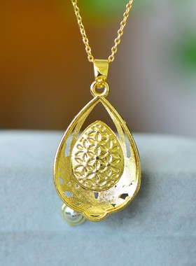 国潮臻品古法鎏金镶嵌天然冰种帝王绿水滴蛋面吊坠配证书礼盒链子