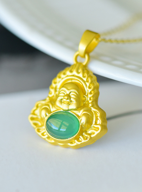 古法鎏金镶嵌天然冰种帝王绿玉髓笑佛吊坠大肚佛公配证书礼盒链子