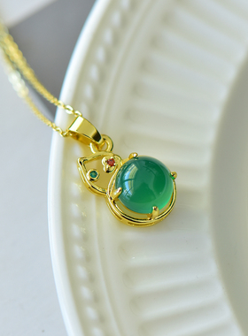 古法鎏金镶嵌天然冰种帝王绿玉髓葫芦吊坠玛瑙项链配证书礼盒链子