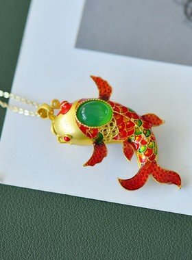 古法鎏金镶嵌冰种帝王绿玉髓年年有余吊坠玛瑙项链配证书礼盒链子