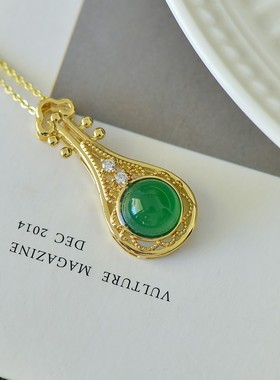 古法鎏金镶嵌天然冰种帝王绿玉髓琵琶吊坠玛瑙项链配证书礼盒链子