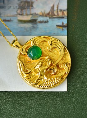 古法鎏金镶嵌天然冰种帝王绿玉髓祥龙吊坠玛瑙项链配证书礼盒链子
