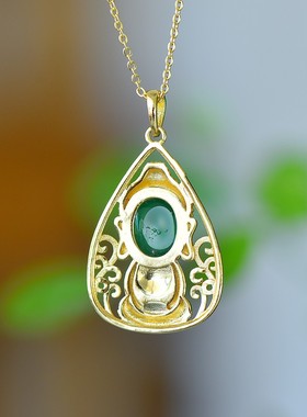 古法鎏金镶天然冰种帝王绿玉髓宝宝佛吊坠玛瑙项链配证书礼盒链子