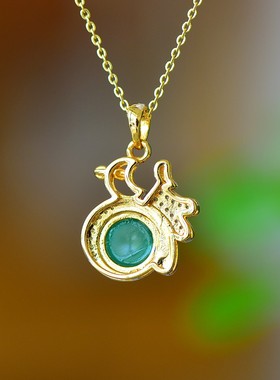 古法鎏金镶嵌天然冰种帝王绿玉髓福字吊坠玛瑙项链配证书礼盒链子