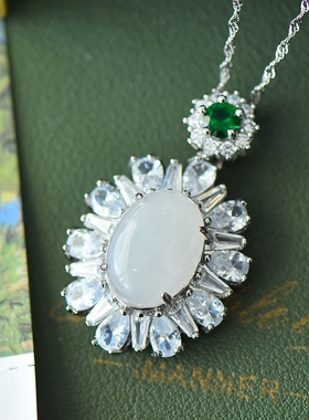 天然新疆金丝玉蛋面吊坠白玉挂件古法银镶嵌玉吊坠配证书礼盒链子