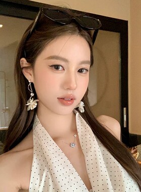 法式花朵长款流苏无耳洞耳夹