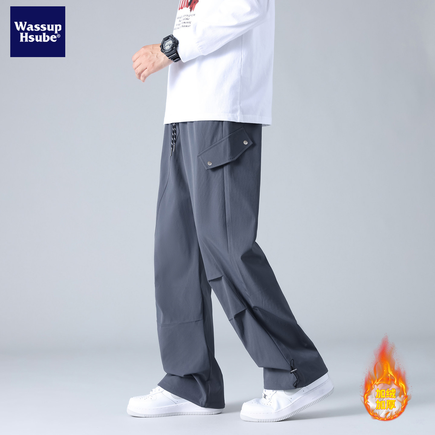 WASSUP户外机能防水冲锋裤男女潮牌宽松直筒休闲长裤纯色百搭裤子 - 图1