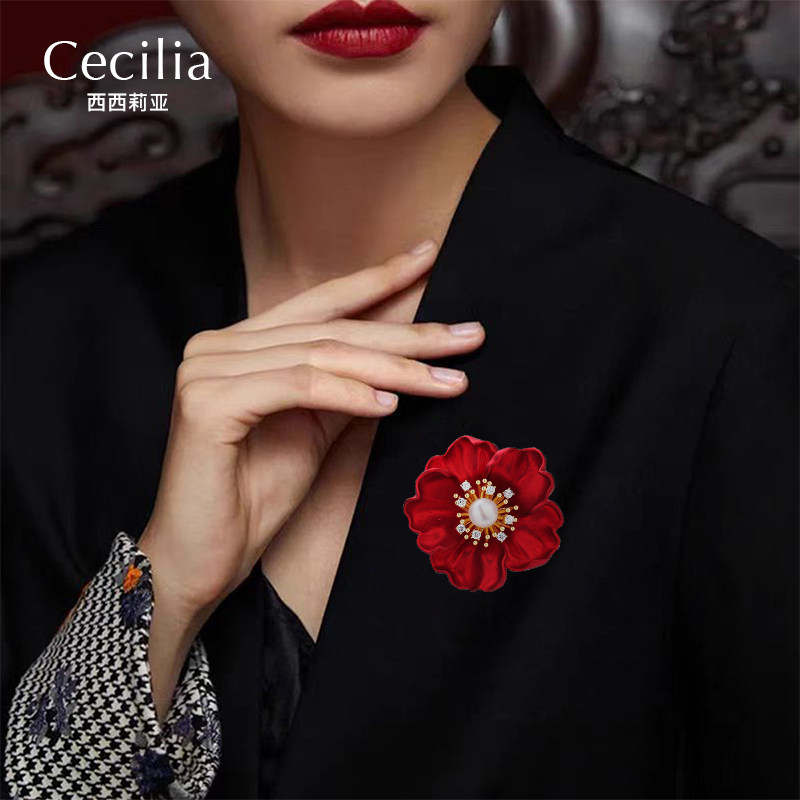 喜庆红色牡丹花朵胸针高档女精致奢华气质珍珠胸花衣服别针配饰品,淘宝优惠券,粉丝福利购,淘宝优惠卷
