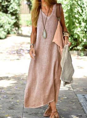 2022夏季无袖女装棉麻连衣裙