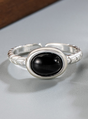 新款椭圆黑色石头戒指小众设计清