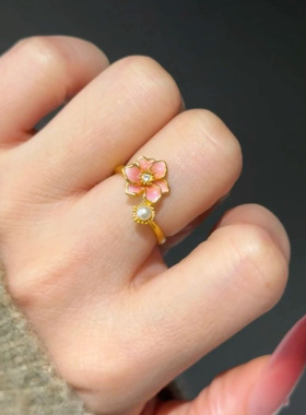 新中式国风金色海棠花开口戒指女