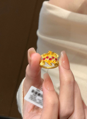 新款中古镶钻金色褶皱戒指女小众