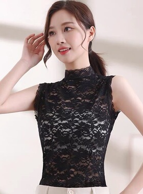 网红假领子女无袖蕾丝镂空打底衫高领子内搭洋气镂空蕾丝衫假衣领