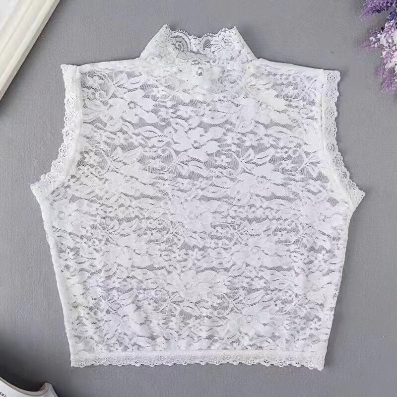 百搭蕾丝假领子女半高领无袖套头打底衫装饰花边领弹力复古红短款