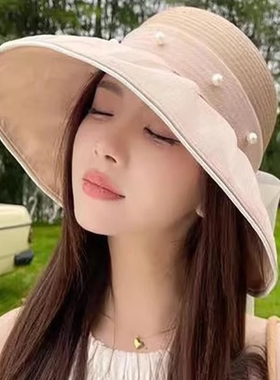 珍珠网纱蝴蝶结渔夫帽子女款2026新款大帽檐防晒遮阳帽度假太阳帽
