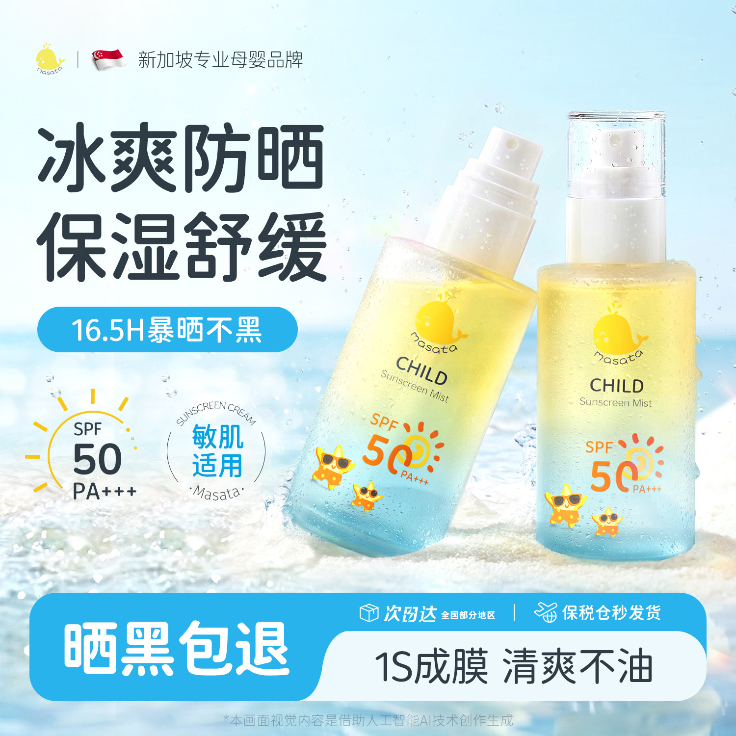 进口儿童防晒水喷雾可带上飞机50倍防紫外线宝宝防水防汗大人通用