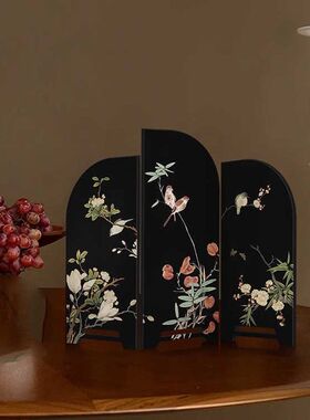 中古风墨竹小屏风桌面摆件新中式茶桌家居边柜玄关装饰品复古摆画