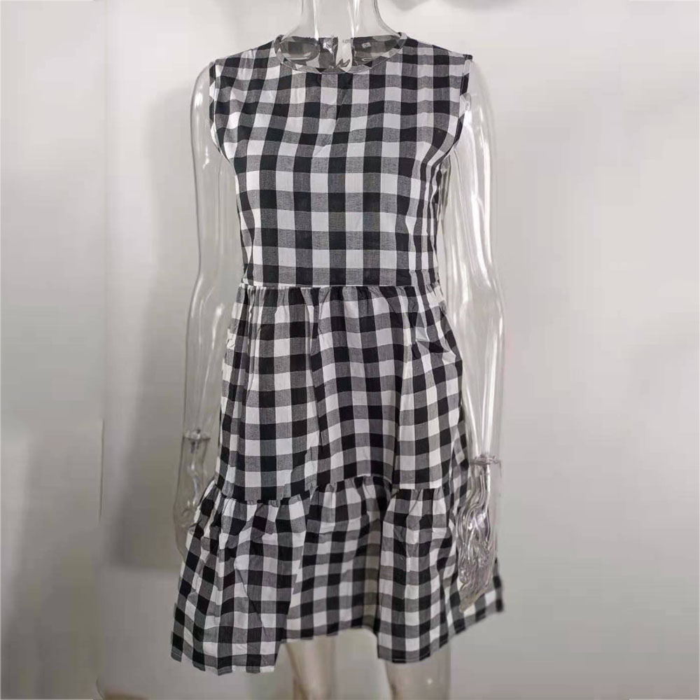 Women's plaid sleeveless round neck skirt 格纹无袖圆领大摆裙 - 图2