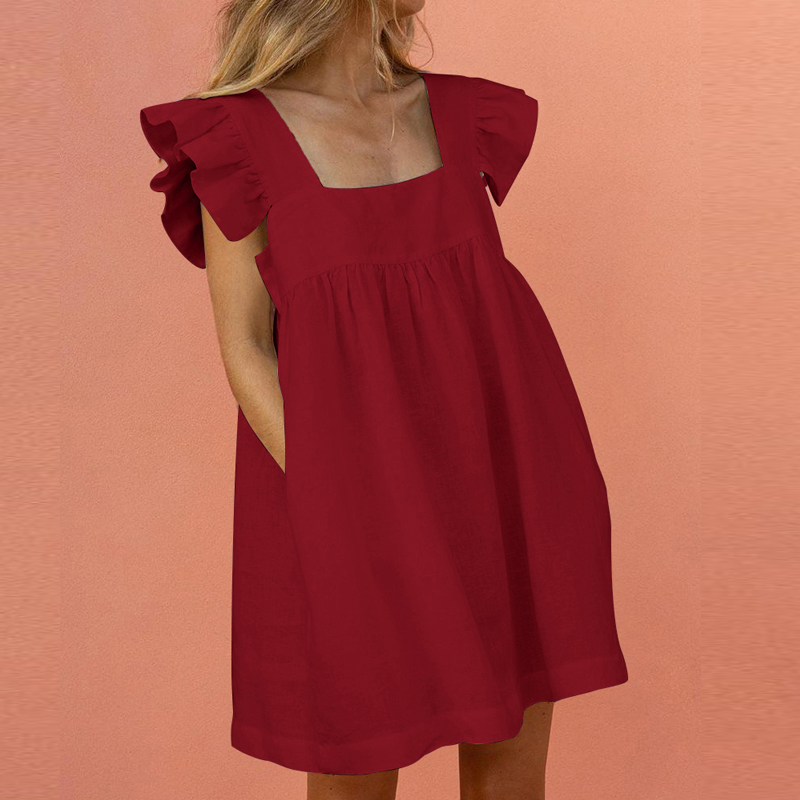 Solid Mini Dress Ladies Casual Loose Pocket Beach Dress短裙 - 图2