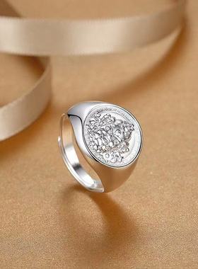 求财戒指黄财神银戒指男999纯银宽面活口潮流民族风男士足银指环