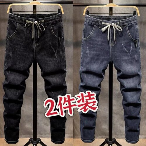 干活穿的裤子男宽松弹力修身直筒抽绳工装牛仔裤男款耐磨工作裤男 - 图1