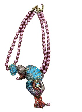 中古双层满镶捷克钻珐琅 贝壳海螺扇贝坠珍珠项链