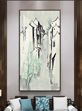 新中式吴冠中水墨画玄关过道装饰画客厅简约壁画江南水乡挂画国画